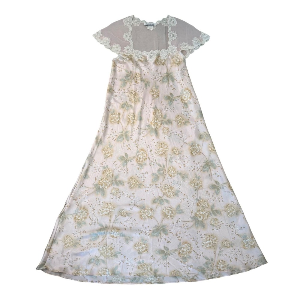 Christian Dior Vintage Peach Floral Satin Nightgown and Robe Set Lace Trim M 90s - Picture 9 of 12